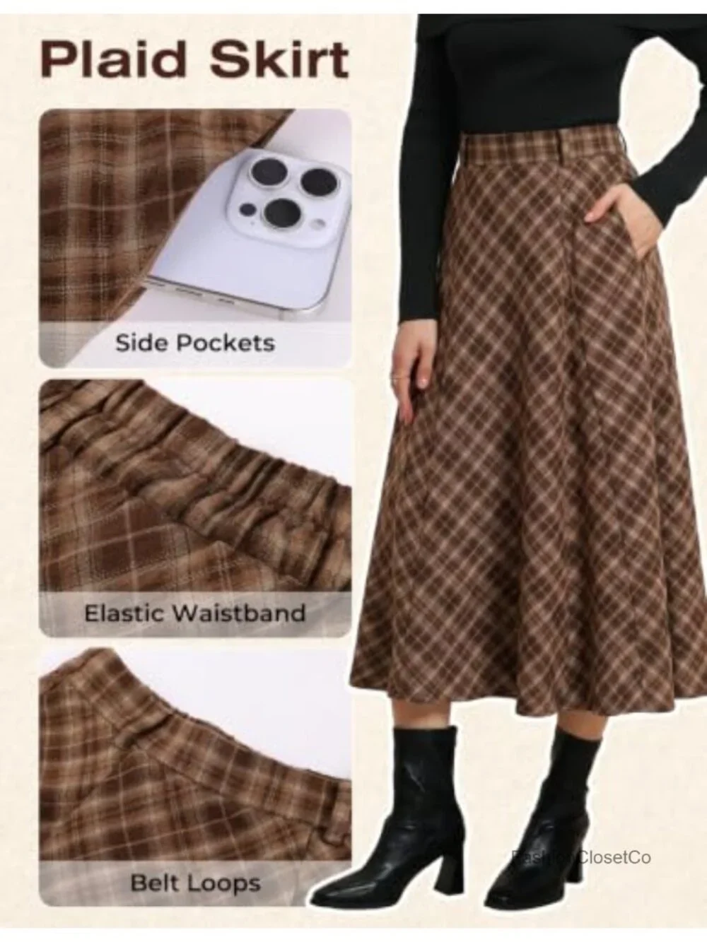 Women's Plaid Midi A-Line Skirt High Waist with Pockets Fall Winter